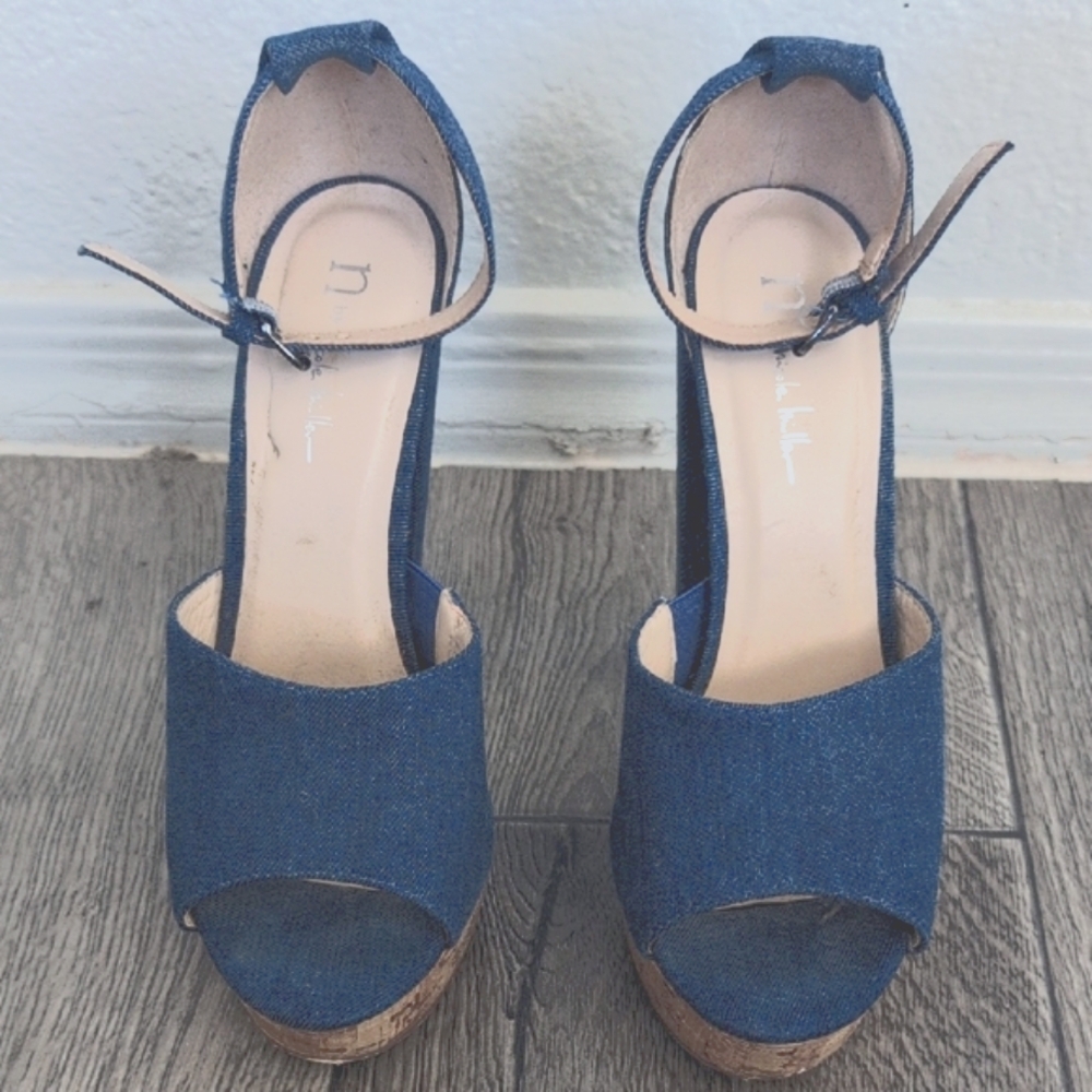 Nicole Miller Denim Blue Platform Wedges with Peep-Toe